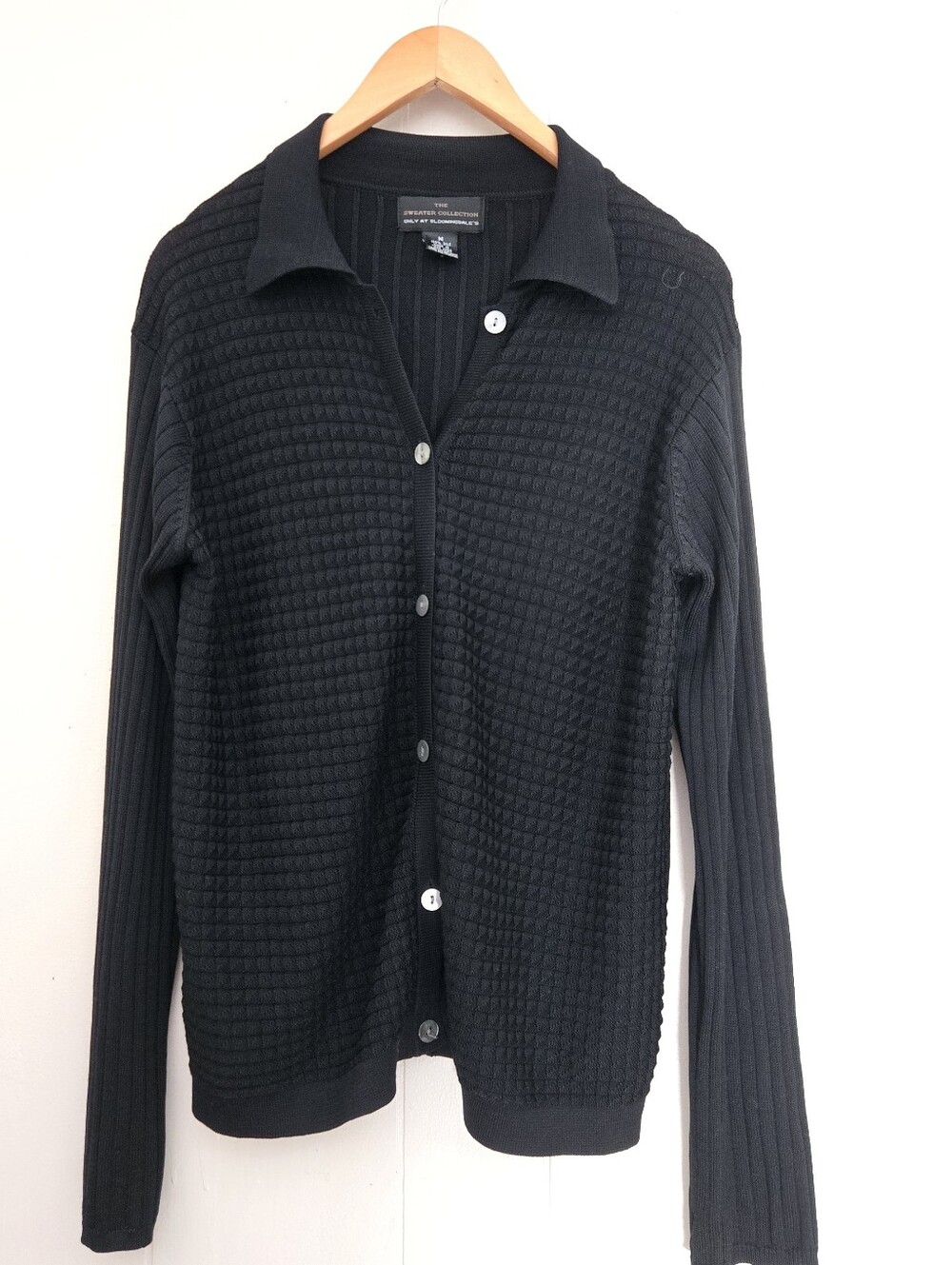Bloomingdales Vtg Button Up Sweater Polo Cardigan Textured Silk Black Minimalist